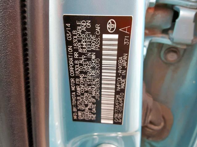 JTDKDTB33E1067070 - 2014 TOYOTA PRIUS C BLUE photo 10