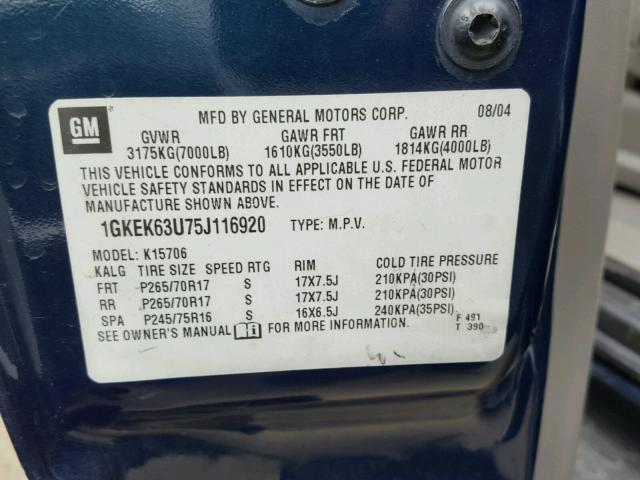 1GKEK63U75J116920 - 2005 GMC YUKON DENA BLUE photo 10