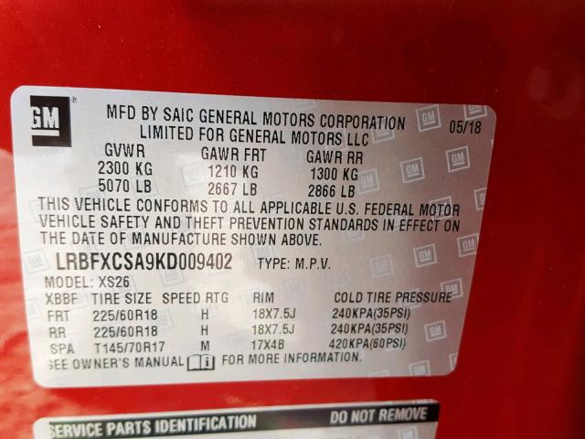 LRBFXCSA9KD009402 - 2019 BUICK ENVISION E RED photo 10