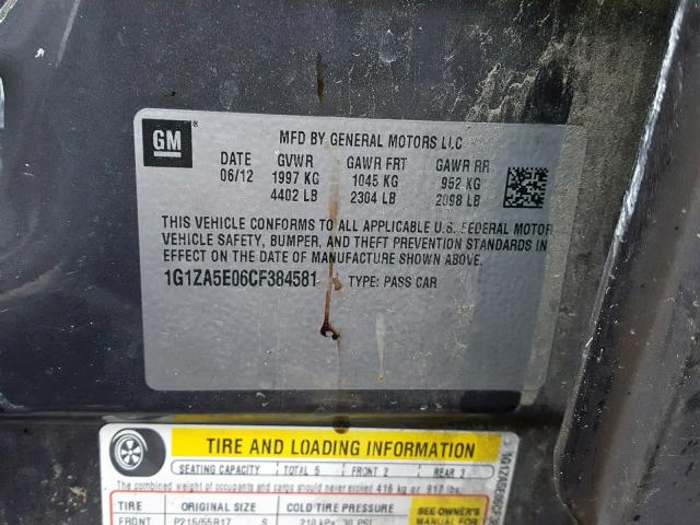1G1ZA5E06CF384581 - 2012 CHEVROLET MALIBU LS Grau Foto 10
