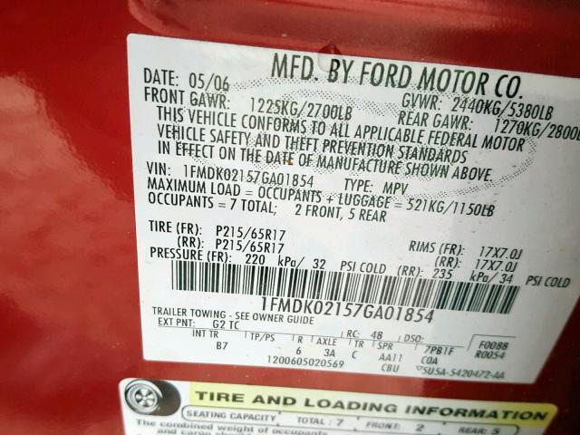 1FMDK02157GA01854 - 2007 FORD FREESTYLE RED photo 10