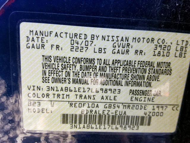 3N1AB61E17L698923 - 2007 NISSAN SENTRA 2.0 BLUE photo 10