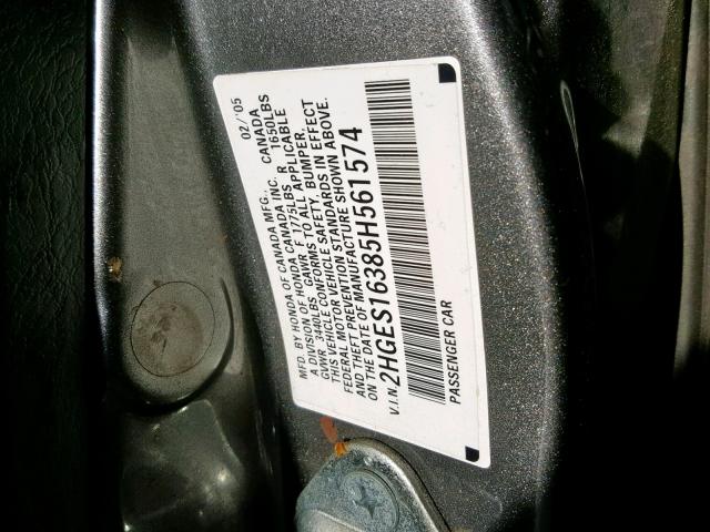 2HGES16385H561574 - 2005 HONDA CIVIC DX V GRAY photo 10