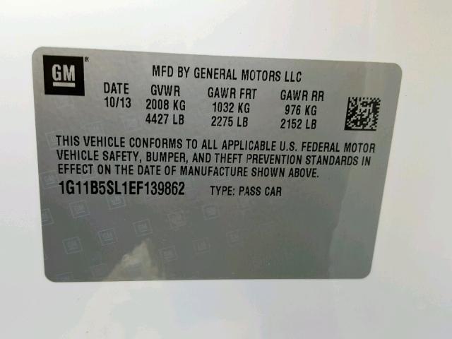 1G11B5SL1EF139862 - 2014 CHEVROLET MALIBU LS 白色 照片 10
