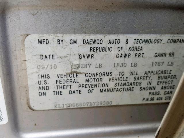 KL1TD66607B729380 - 2007 CHEVROLET AVEO BASE 银色 照片 10