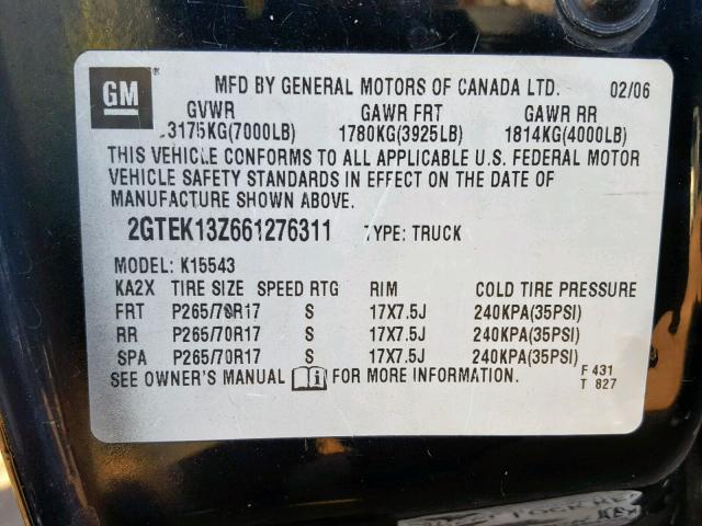 2GTEK13Z661276311 - 2006 GMC NEW SIERRA BLACK photo 10