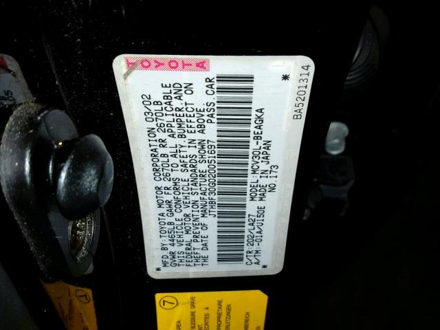 JTHBF30G020051697 - 2002 LEXUS ES 300 BLACK photo 10