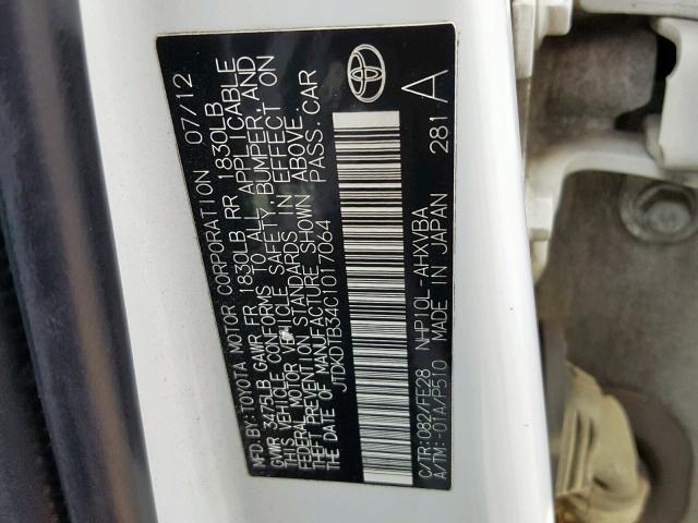 JTDKDTB34C1017064 - 2012 TOYOTA PRIUS C WHITE photo 10