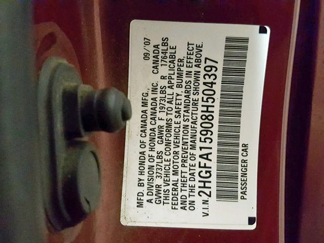 2HGFA15908H504397 - 2008 HONDA CIVIC EXL BURGUNDY photo 10