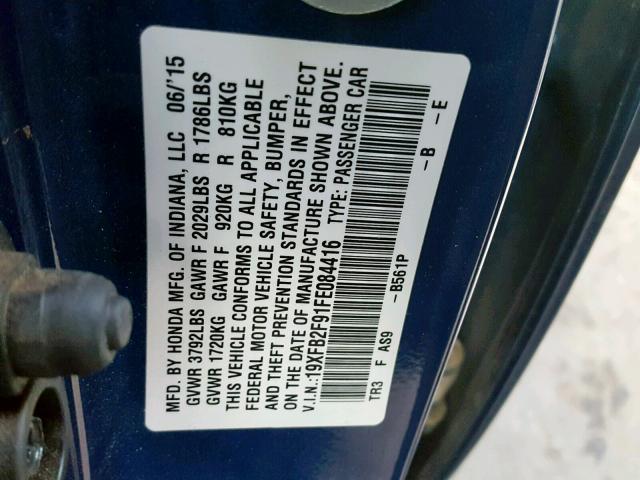 19XFB2F91FE084416 - 2015 HONDA CIVIC EXL BLUE photo 10