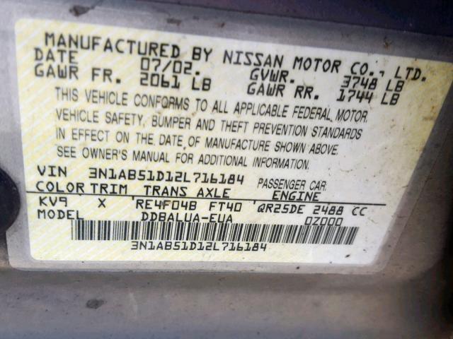 3N1AB51D12L716184 - 2002 NISSAN SENTRA SE- TAN photo 10