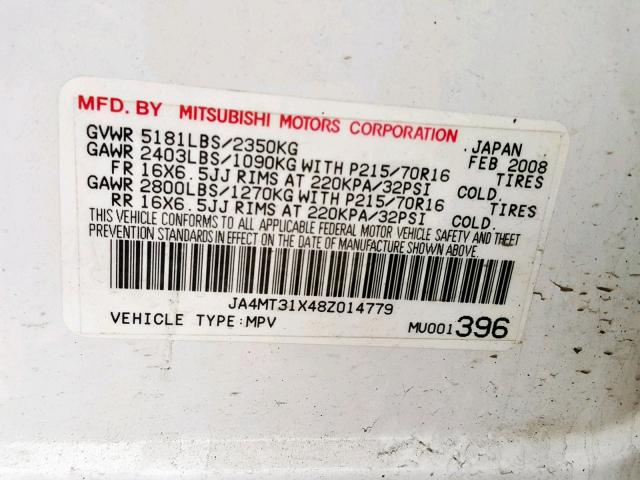 JA4MT31X48Z014779 - 2008 MITSUBISHI OUTLANDER WHITE photo 10