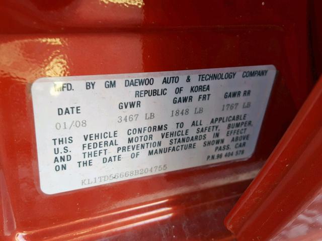 KL1TD56668B204755 - 2008 CHEVROLET AVEO BASE Қызыл фото 10