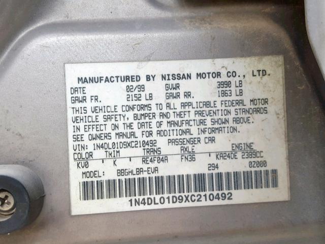 1N4DL01D9XC210492 - 1999 NISSAN ALTIMA XE WHITE photo 10