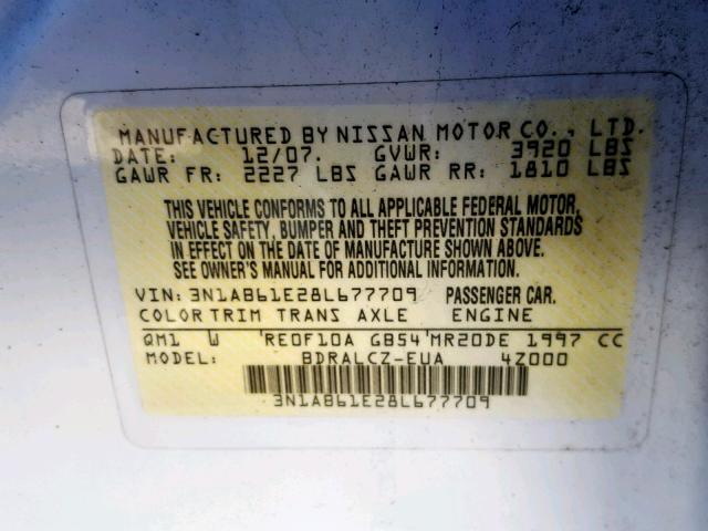 3N1AB61E28L677709 - 2008 NISSAN SENTRA 2.0 WHITE photo 10