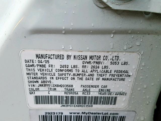 JNKBY01EX6M203568 - 2006 INFINITI M45 BASE CREAM photo 10