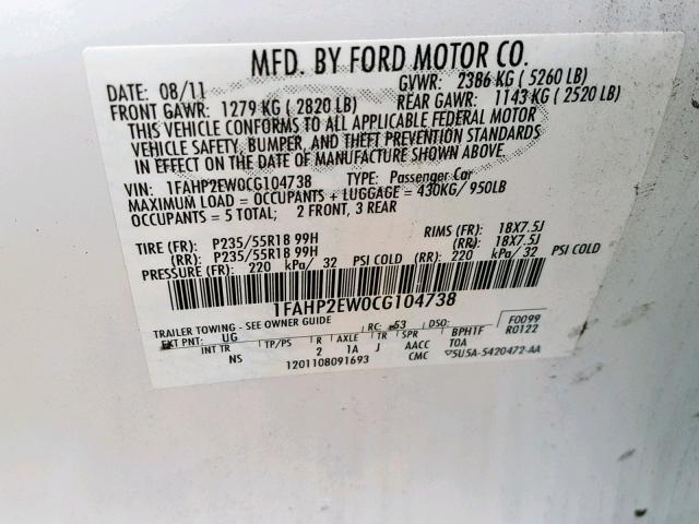 1FAHP2EW0CG104738 - 2012 FORD TAURUS SEL WHITE photo 10