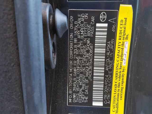 JTKDE3B76A0308587 - 2010 TOYOTA SCION TC შავი ფოტო 10