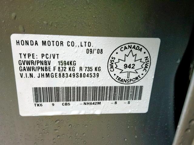JHMGE88349S804539 - 2009 HONDA FIT DX-A SILVER photo 10
