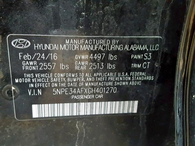 5NPE34AFXGH401270 - 2016 HYUNDAI SONATA SPO BLACK photo 10