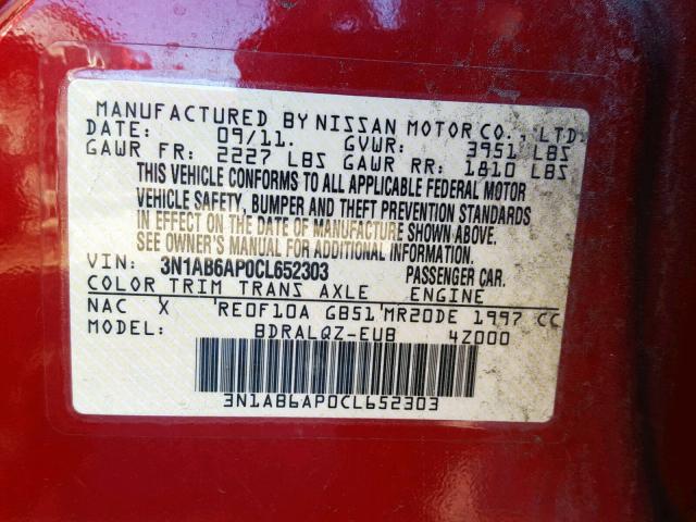 3N1AB6AP0CL652303 - 2012 NISSAN SENTRA 2.0 RED photo 10