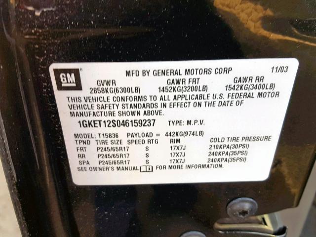 1GKET12S046159237 - 2004 GMC ENVOY XUV BLACK photo 10