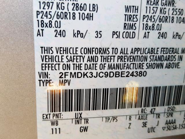 2FMDK3JC9DBE24380 - 2013 FORD EDGE SEL SILVER photo 10