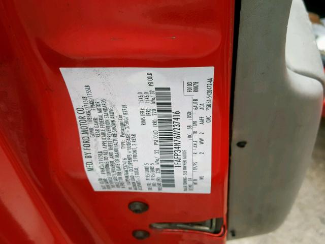 1FAFP34N76W237416 - 2006 FORD FOCUS ZX4 RED photo 10