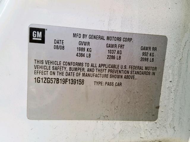 1G1ZG57B19F139158 - 2009 CHEVROLET MALIBU LS თეთრი ფოტო 10