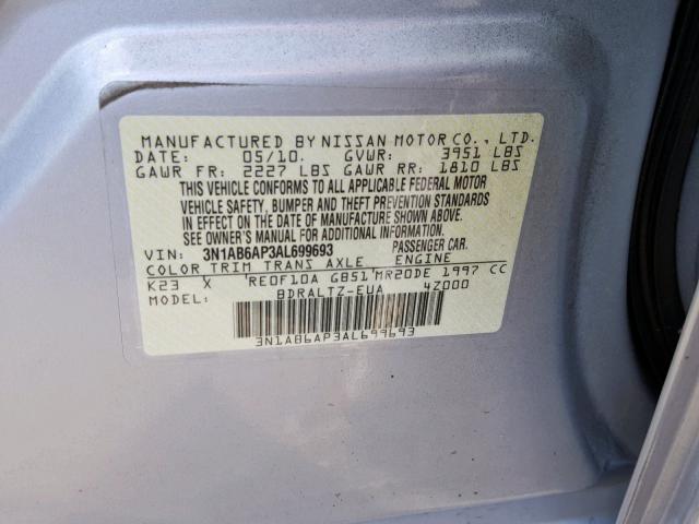 3N1AB6AP3AL699693 - 2010 NISSAN SENTRA 2.0 SILVER photo 10