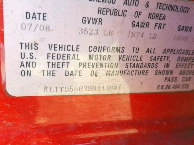 KL1TD56E39B343881 - 2009 CHEVROLET AVEO LS RED photo 10