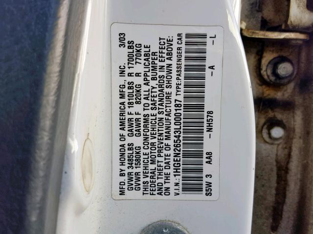 1HGEN26543L000187 - 2003 HONDA CIVIC GX WHITE photo 10