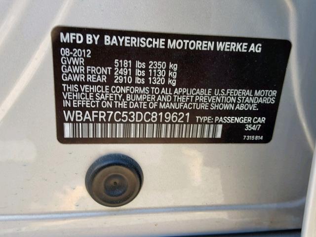 WBAFR7C53DC819621 - 2013 BMW 535 I SILVER photo 10