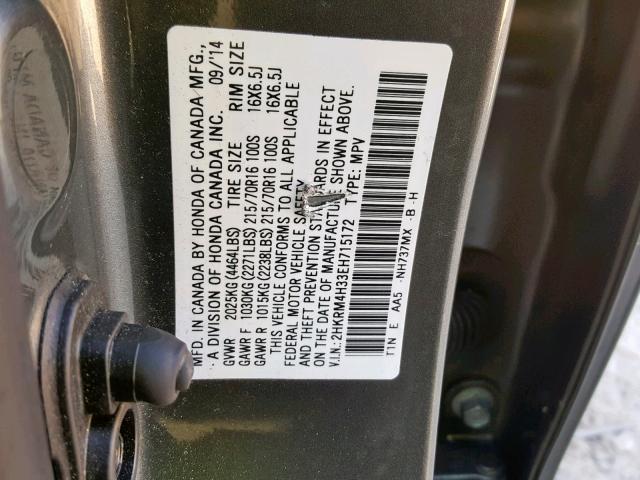 2HKRM4H33EH715172 - 2014 HONDA CR-V LX GRAY photo 10