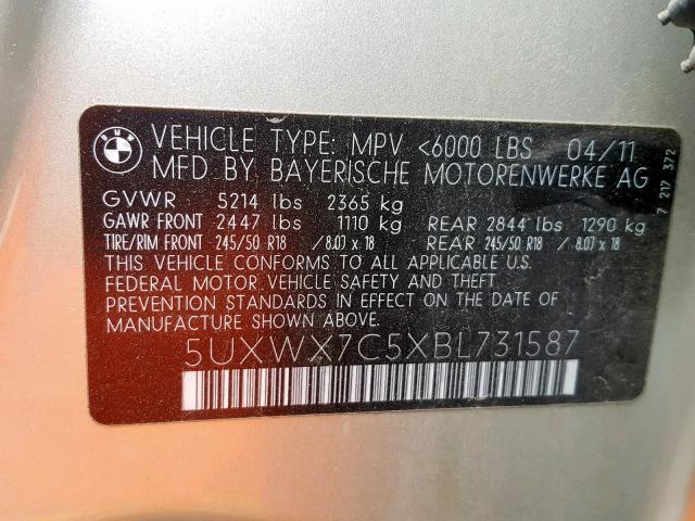 5UXWX7C5XBL731587 - 2011 BMW X3 XDRIVE3 SILVER photo 10