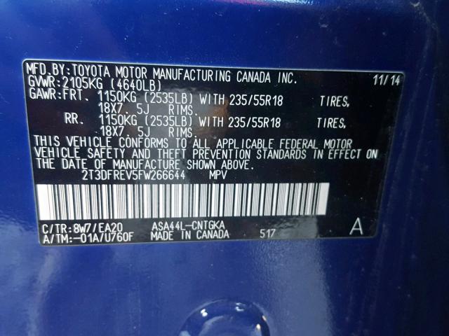 2T3DFREV5FW266644 - 2015 TOYOTA RAV4 LIMIT BLUE photo 10