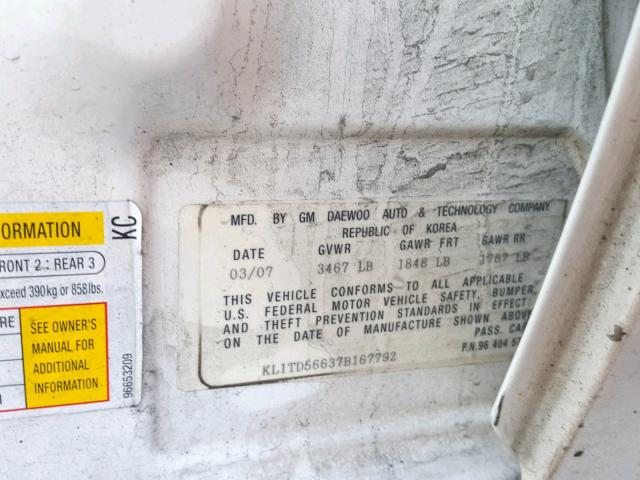 KL1TD56637B167792 - 2007 CHEVROLET AVEO BASE Ақ фото 10