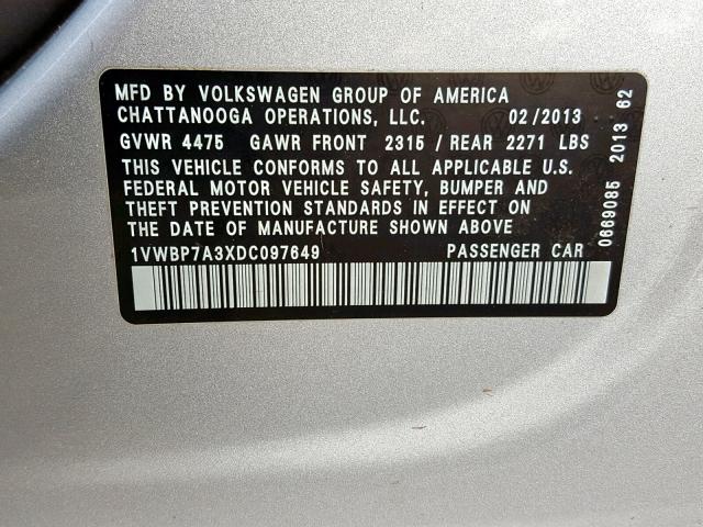 1VWBP7A3XDC097649 - 2013 VOLKSWAGEN PASSAT SE GRAY photo 10