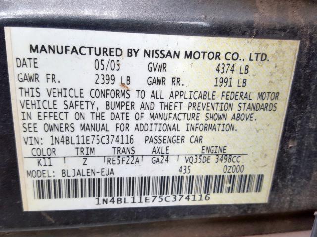 1N4BL11E75C374116 - 2005 NISSAN ALTIMA SE GRAY photo 10