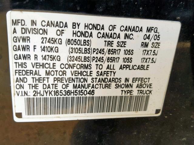 2HJYK16536H515046 - 2006 HONDA RIDGELINE BLACK photo 10