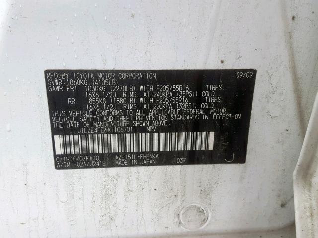 JTLZE4FE6A1106701 - 2010 TOYOTA SCION XB Ақ фото 10