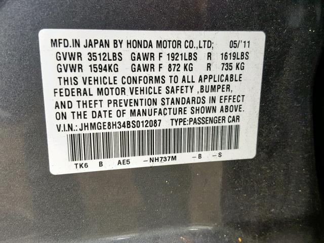 JHMGE8H34BS012087 - 2011 HONDA FIT CHARCOAL photo 10