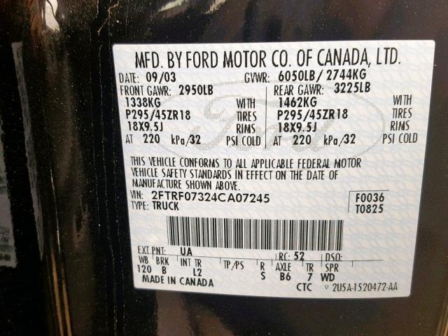 2FTRF07324CA07245 - 2004 FORD F150 SVT L BLACK photo 10