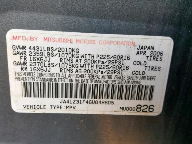 JA4LZ31F46U048605 - 2006 MITSUBISHI OUTLANDER GRAY photo 10