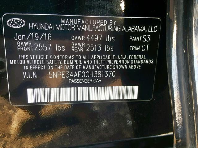 5NPE34AF0GH381370 - 2016 HYUNDAI SONATA SPO BLACK photo 10