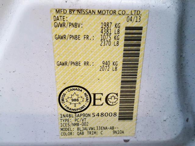 1N4BL3AP9DN548008 - 2013 NISSAN ALTIMA 3.5 WHITE photo 10