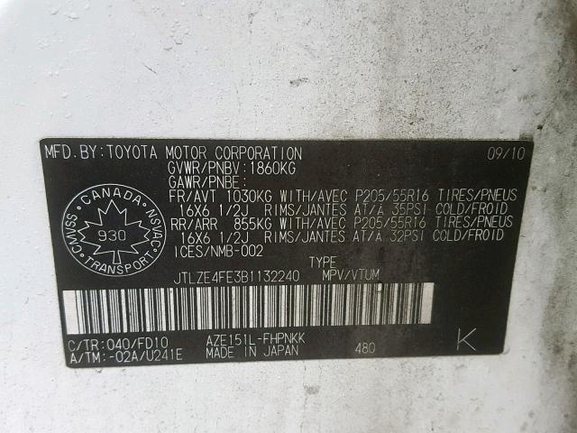 JTLZE4FE3B1132240 - 2011 TOYOTA SCION XB WHITE photo 10