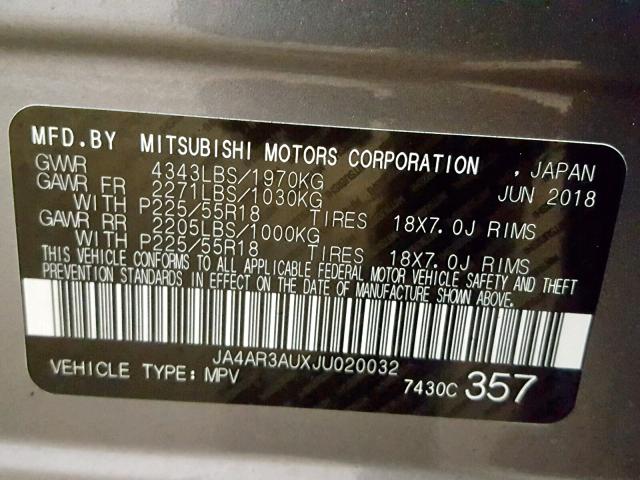 JA4AR3AUXJU020032 - 2018 MITSUBISHI OUTLANDER GRAY photo 10