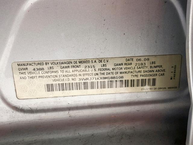 3VWRJ71KX8M188108 - 2008 VOLKSWAGEN JETTA WOLF SILVER photo 10