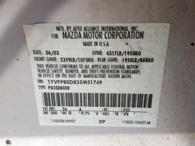 1YVFP80D835M51749 - 2003 MAZDA 6 S SILVER photo 10